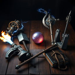 A fantasy-themed tabletop scene featuring five distinct weapons artfully arranged around a central area