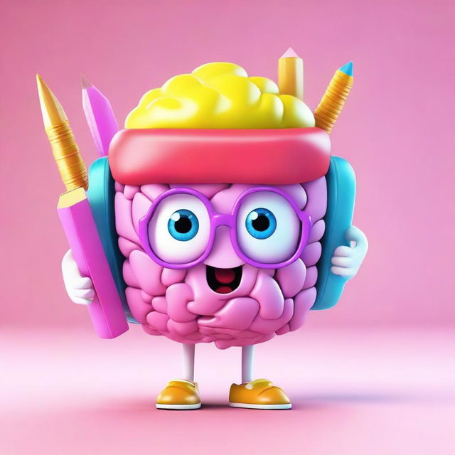 Create a vivid 3D character in the form of a cute brain, wearing a school backpack filled with books and pencils.