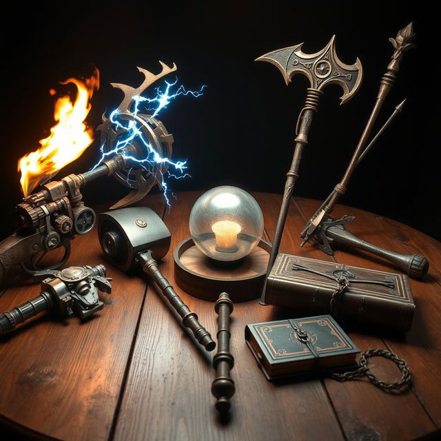 A fantasy-themed tabletop scene featuring five distinct weapons artfully arranged around a central area