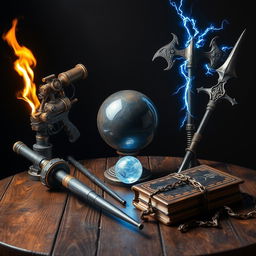 A fantasy-themed tabletop scene featuring five distinct weapons artfully arranged around a central area