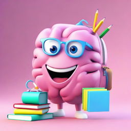 Create a vivid 3D character in the form of a cute brain, wearing a school backpack filled with books and pencils.