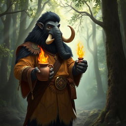 A male anthropomorphic mammoth with black fur, wearing Druidic adventuring clothes that feature intricate nature-inspired patterns and earthy tones