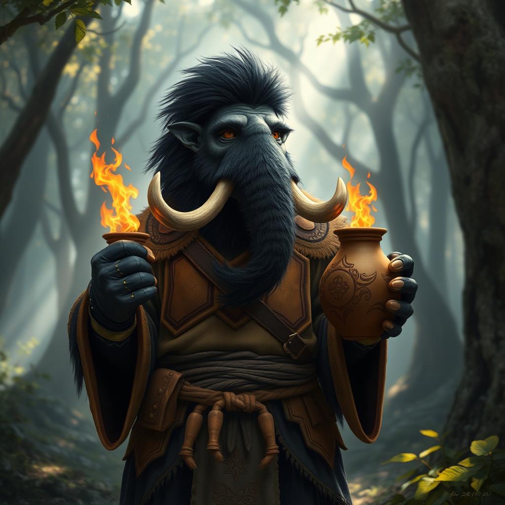 A male anthropomorphic mammoth with black fur, wearing Druidic adventuring clothes that feature intricate nature-inspired patterns and earthy tones