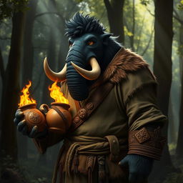A male anthropomorphic mammoth with black fur, wearing Druidic adventuring clothes that feature intricate nature-inspired patterns and earthy tones