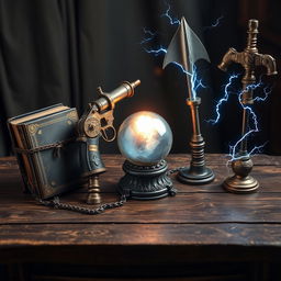 A fantasy-themed table beautifully decorated with four unique items arranged thoughtfully from different sides