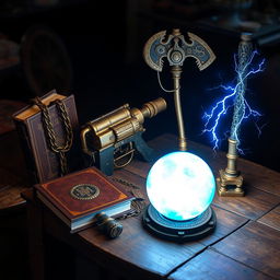 A fantasy-themed table beautifully decorated with four unique items arranged thoughtfully from different sides