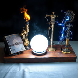 A fantasy-themed table beautifully decorated with four unique items arranged thoughtfully from different sides