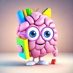 Create a vivid 3D character in the form of a cute brain, wearing a school backpack filled with books and pencils.