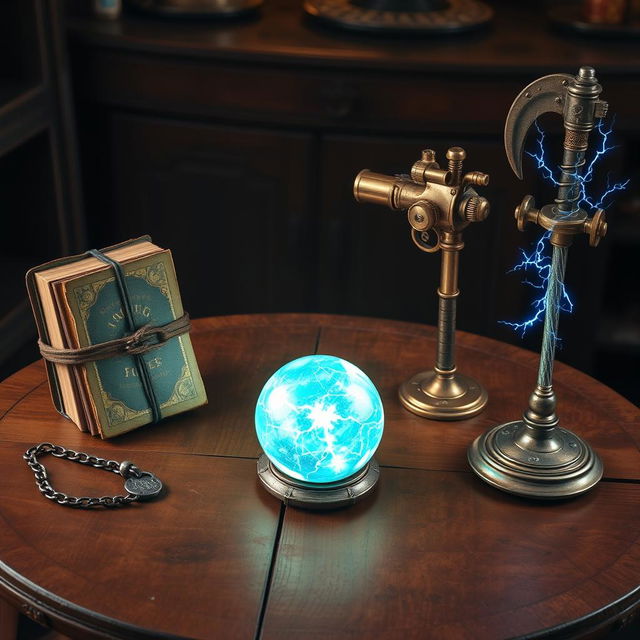 A fantasy-themed table beautifully decorated with four unique items arranged thoughtfully from different sides