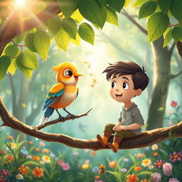 An enchanting scene depicting a charming bird perched on a branch, singing sweetly to a young boy named Sam in a magical forest