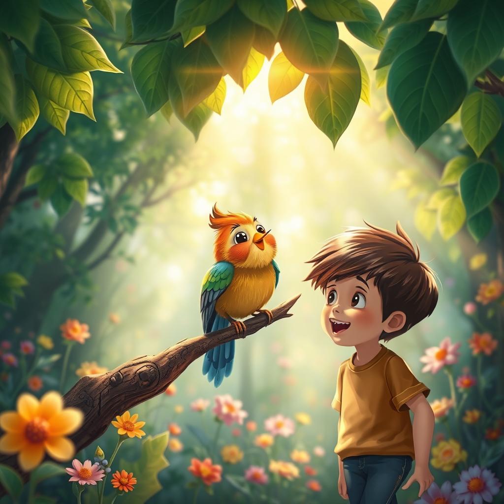 An enchanting scene depicting a charming bird perched on a branch, singing sweetly to a young boy named Sam in a magical forest