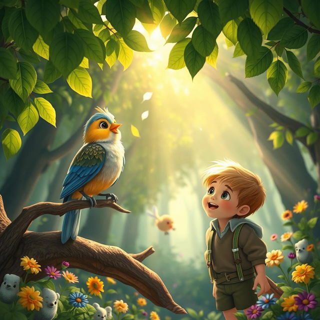 An enchanting scene depicting a charming bird perched on a branch, singing sweetly to a young boy named Sam in a magical forest