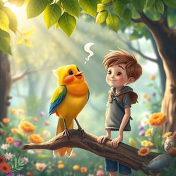 An enchanting scene depicting a charming bird perched on a branch, singing sweetly to a young boy named Sam in a magical forest