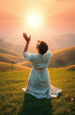 An ethereal and uplifting scene depicting a person in serene prayer, surrounded by nature's grandeur