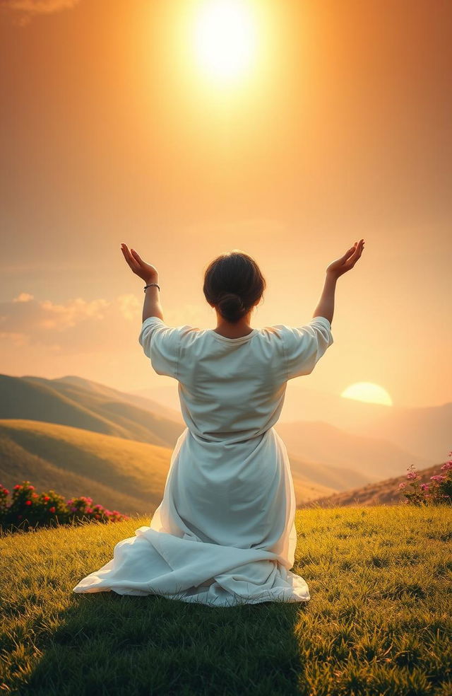 An ethereal and uplifting scene depicting a person in serene prayer, surrounded by nature's grandeur