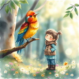 A whimsical watercolor painting of a colorful bird perched on a branch, singing joyfully to Sam, a young boy in a cozy outfit