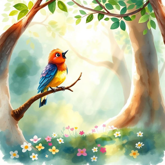 A whimsical watercolor painting of a colorful bird perched on a branch, singing joyfully to Sam, a young boy in a cozy outfit