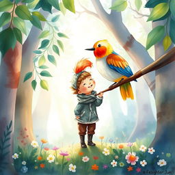A whimsical watercolor painting of a colorful bird perched on a branch, singing joyfully to Sam, a young boy in a cozy outfit