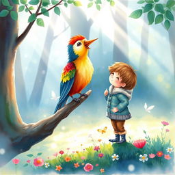 A whimsical watercolor painting of a colorful bird perched on a branch, singing joyfully to Sam, a young boy in a cozy outfit
