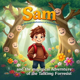 A captivating book cover illustration for 'Sam and the Magical Adventure of the Talking Forest