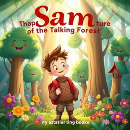A captivating book cover illustration for 'Sam and the Magical Adventure of the Talking Forest