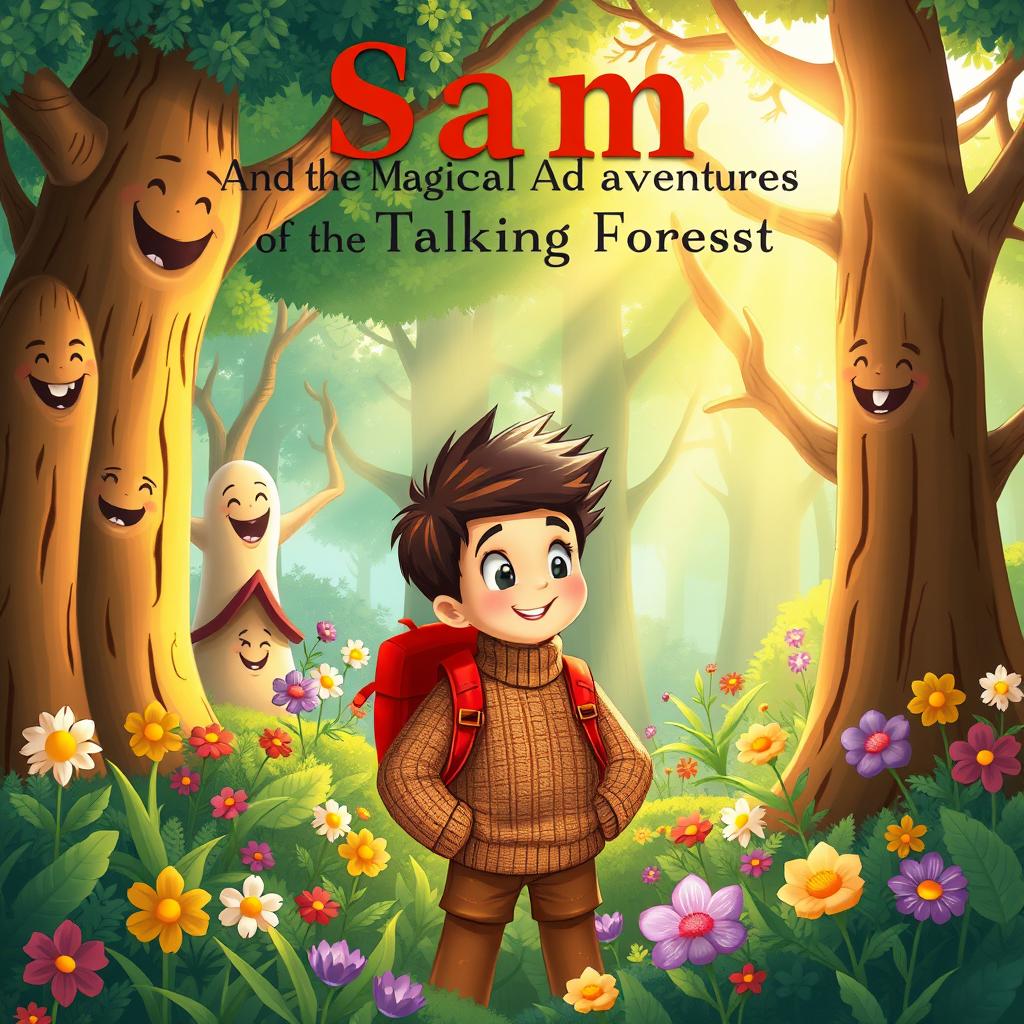 A captivating book cover illustration for 'Sam and the Magical Adventure of the Talking Forest