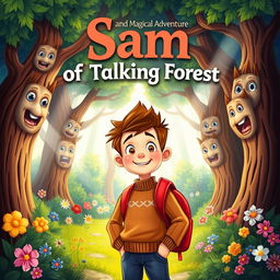 A vibrant book cover illustration for 'Sam and the Magical Adventure of the Talking Forest