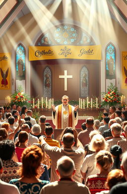 A vibrant scene depicting a Catholic Healing Congress, filled with attendees engaged in joyful worship and prayer