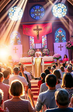 A vibrant scene depicting a Catholic Healing Congress, filled with attendees engaged in joyful worship and prayer