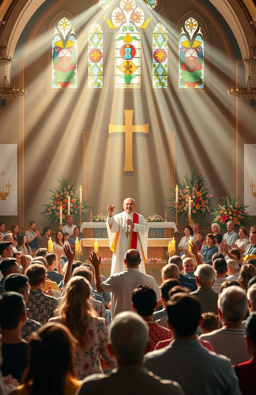 A vibrant scene depicting a Catholic Healing Congress, filled with attendees engaged in joyful worship and prayer