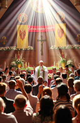 A vibrant scene depicting a Catholic Healing Congress, filled with attendees engaged in joyful worship and prayer