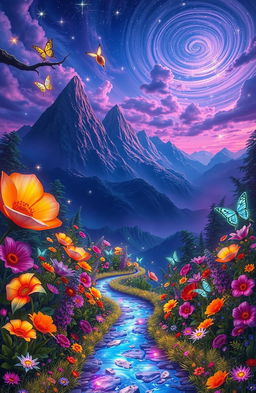 A surreal landscape depicting a fantastical journey through a vibrant, dreamlike world