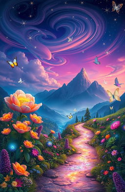 A surreal landscape depicting a fantastical journey through a vibrant, dreamlike world