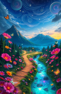 A surreal landscape depicting a fantastical journey through a vibrant, dreamlike world