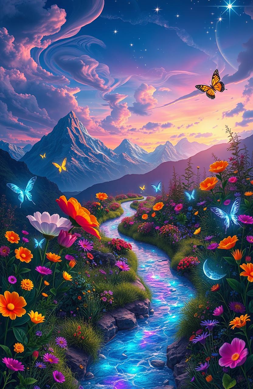 A surreal landscape depicting a fantastical journey through a vibrant, dreamlike world