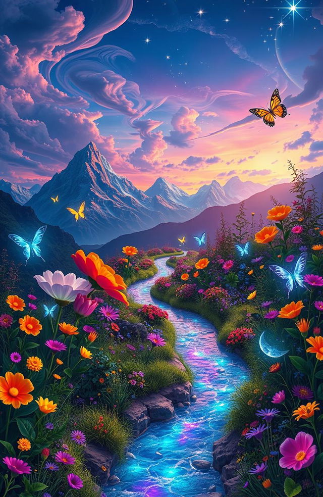 A surreal landscape depicting a fantastical journey through a vibrant, dreamlike world