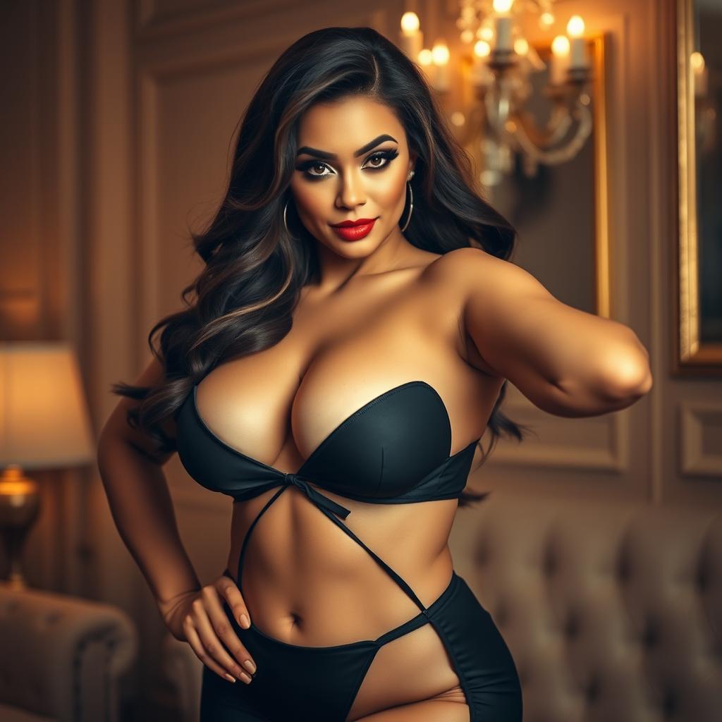 A sultry portrait of a confident and voluptuous woman with curves, wearing stylish and revealing clothing that accentuates her figure