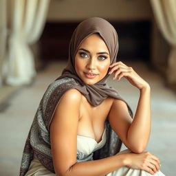 A beautiful woman wearing a stylish hijab, posed elegantly with an artistic flair