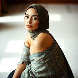 A beautiful woman wearing a stylish hijab, posed elegantly with an artistic flair