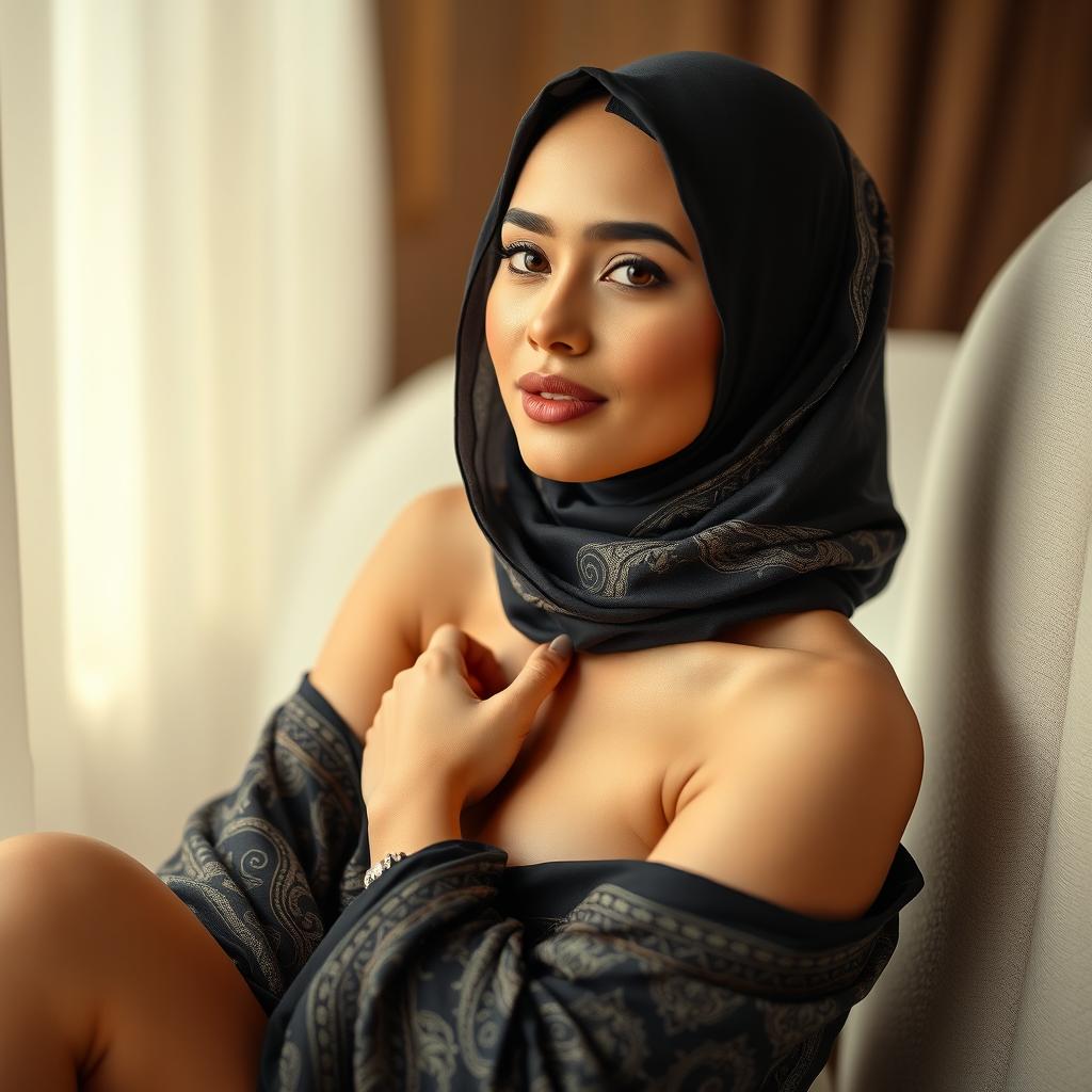 A beautiful woman wearing a stylish hijab, posed elegantly with an artistic flair