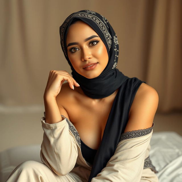 A beautiful woman wearing a stylish hijab, posed elegantly with an artistic flair