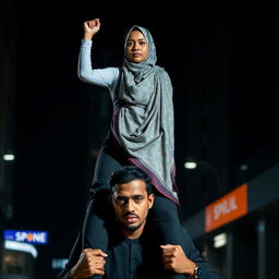 A powerful visual of a confident woman wearing a beautifully patterned hijab, standing tall and poised on the shoulders of a man