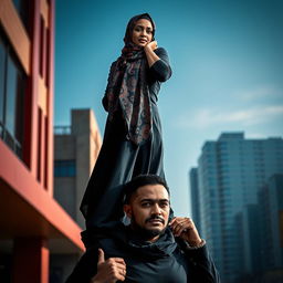 A powerful visual of a confident woman wearing a beautifully patterned hijab, standing tall and poised on the shoulders of a man