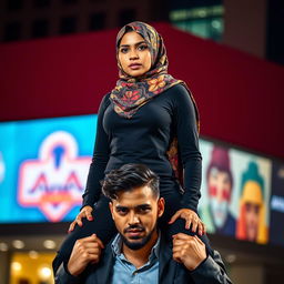 A powerful visual of a confident woman wearing a beautifully patterned hijab, standing tall and poised on the shoulders of a man