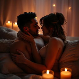 A sensual and intimate scene showcasing a couple enjoying a passionate moment together, surrounded by soft candlelight and plush pillows