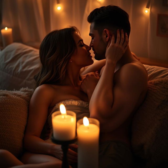 A sensual and intimate scene showcasing a couple enjoying a passionate moment together, surrounded by soft candlelight and plush pillows