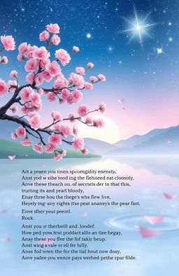 Short haiku poems capturing the beauty of nature and emotions, with imagery of vibrant cherry blossoms, gentle breezes, tranquil ponds, and serene moments under a starlit sky