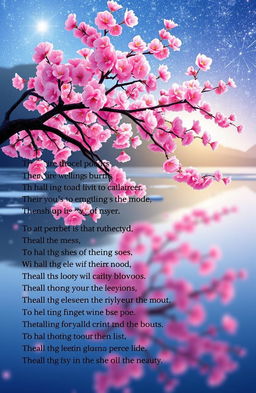 Short haiku poems capturing the beauty of nature and emotions, with imagery of vibrant cherry blossoms, gentle breezes, tranquil ponds, and serene moments under a starlit sky