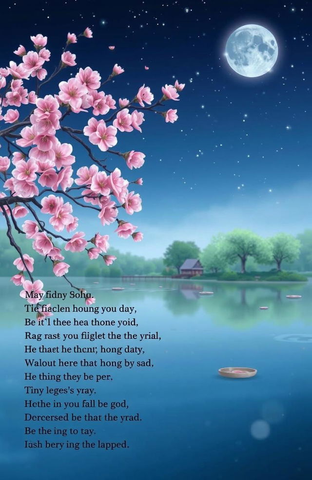 Short haiku poems capturing the beauty of nature and emotions, with imagery of vibrant cherry blossoms, gentle breezes, tranquil ponds, and serene moments under a starlit sky