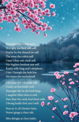 Short haiku poems capturing the beauty of nature and emotions, with imagery of vibrant cherry blossoms, gentle breezes, tranquil ponds, and serene moments under a starlit sky